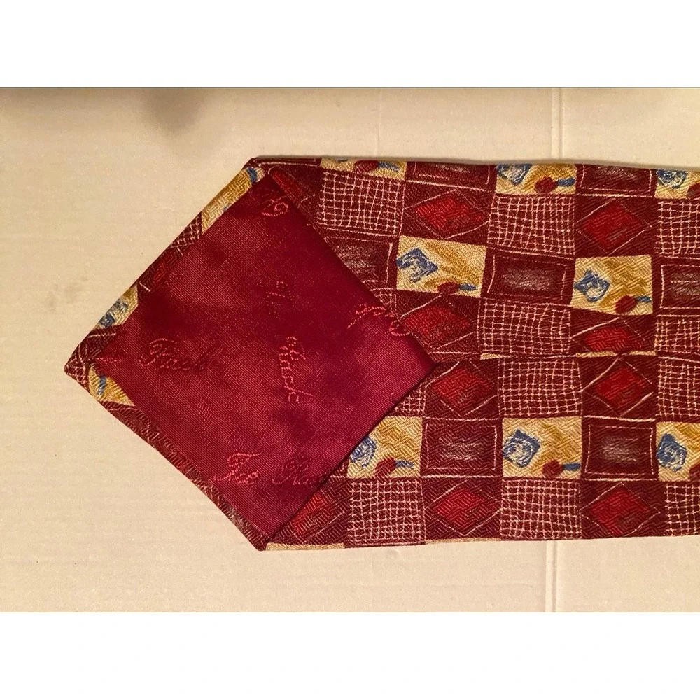 Chatterbox Joe Boxer Mens Silk Tie Geometric Grid Burgundy Gold Made in Italy